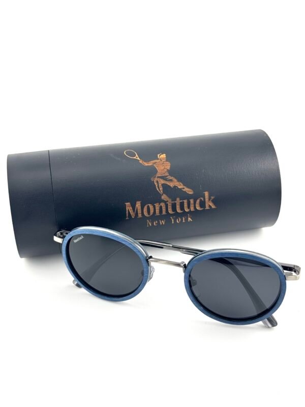 Handcrafted blue maple wood round sunglasses with polarized UV400 lenses, Amangasette by Monttuck