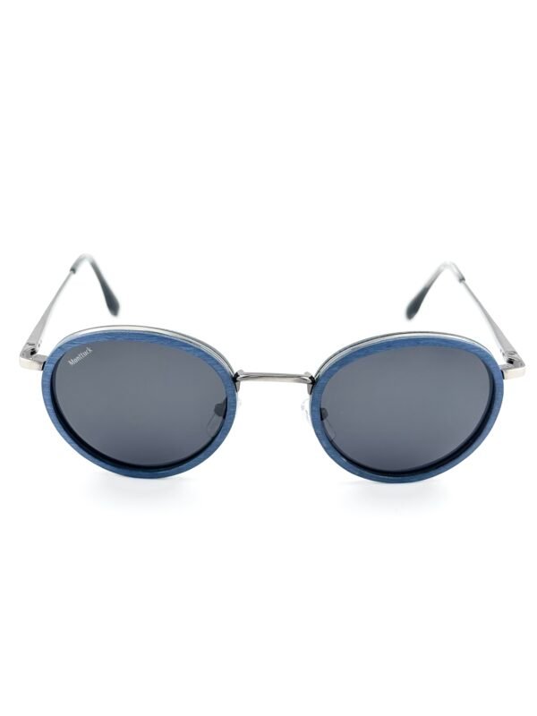 Amangasette - Blue Maple Wood Sunglasses - Monttuck Handcrafted blue maple wood round sunglasses with polarized UV400 lenses, Amangasette by Monttuck