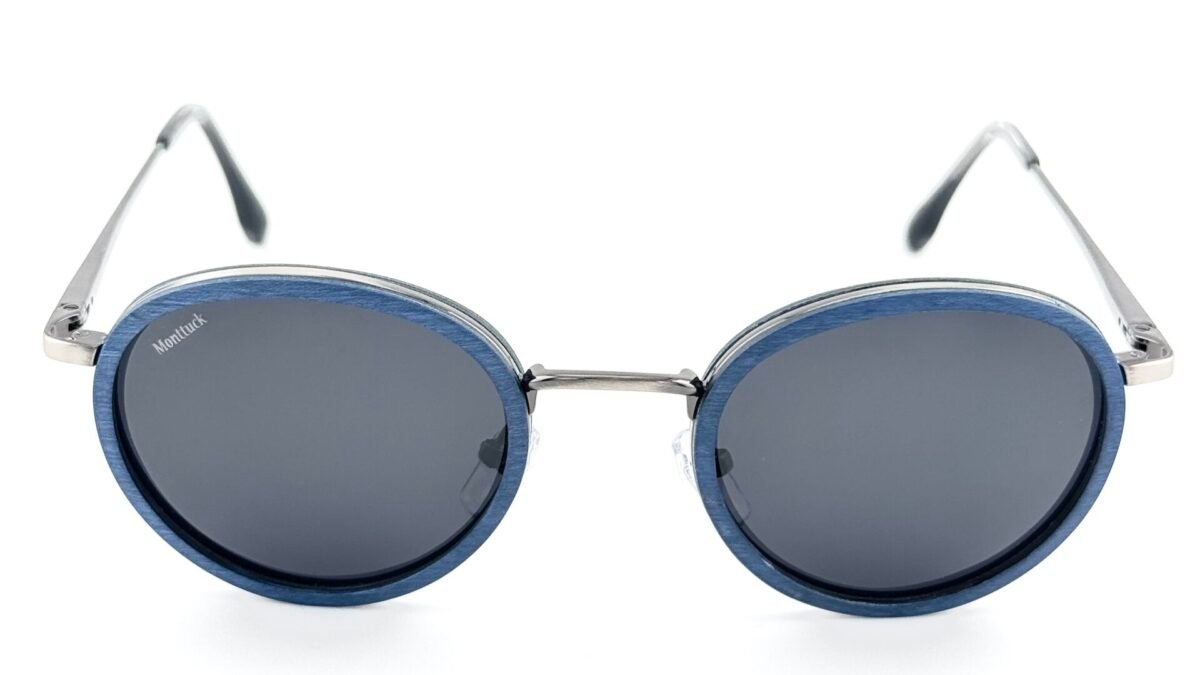 Handcrafted blue maple wood round sunglasses with polarized UV400 lenses, Amangasette by Monttuck