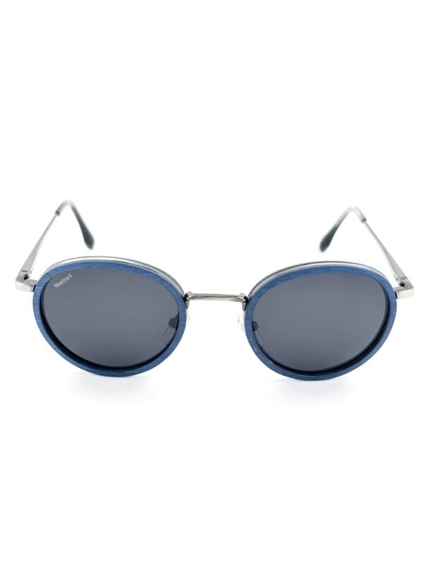 Handcrafted blue maple wood round sunglasses with polarized UV400 lenses, Amangasette by Monttuck