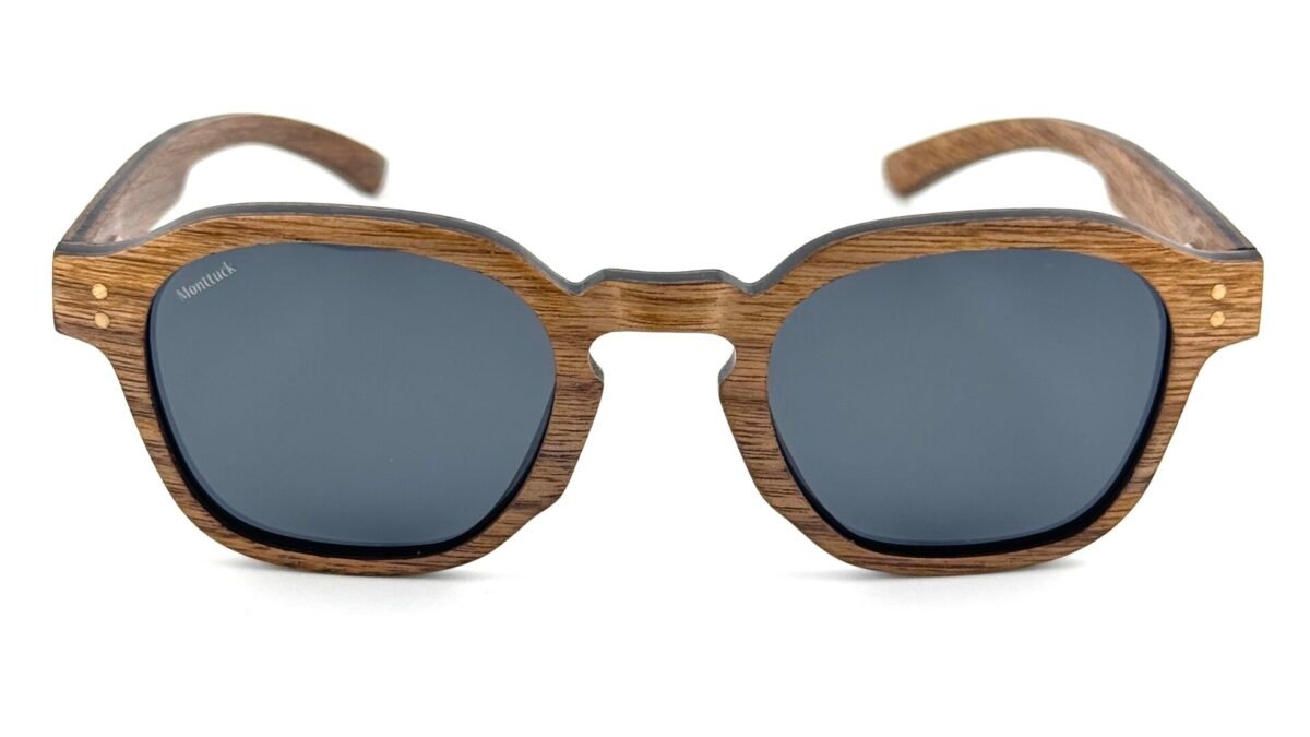 Handcrafted walnut wood square sunglasses with polarized UV400 lenses and carbon fiber temples, Sag Harbor by Monttuck