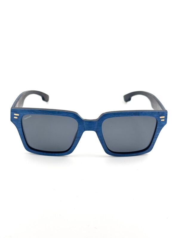 Handcrafted blue maple wood square sunglasses with polarized UV400 lenses and carbon fiber temples, Montauk by Monttuck