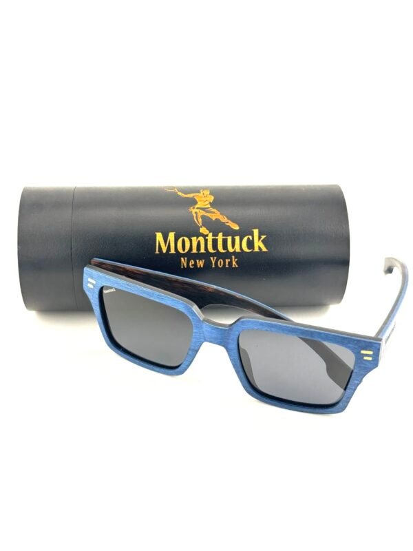 Handcrafted blue maple wood square sunglasses with polarized UV400 lenses and carbon fiber temples, Montauk by Monttuck