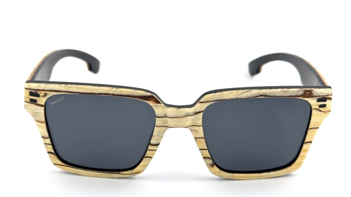 Handcrafted zebrawood square sunglasses with polarized UV400 lenses and carbon fiber temples, Zebra Sands by Monttuck
