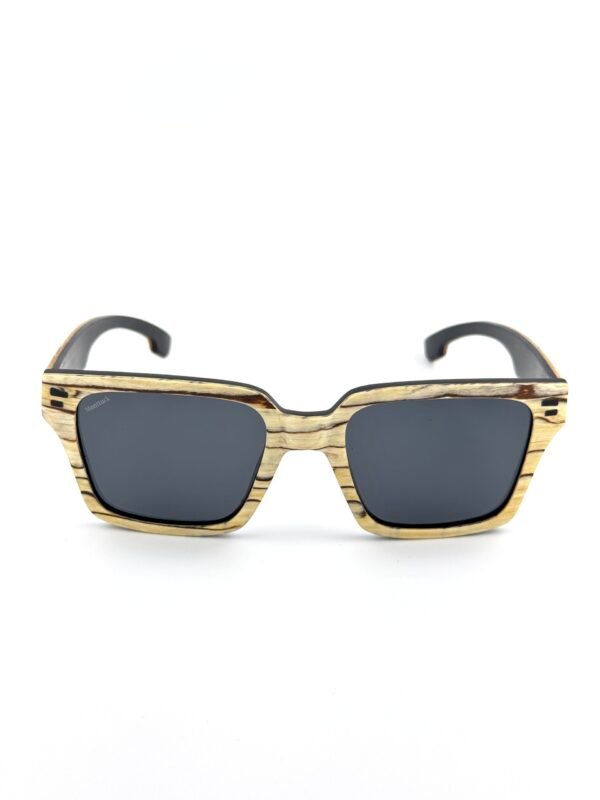 Handcrafted zebrawood square sunglasses with polarized UV400 lenses and carbon fiber temples, Zebra Sands by Monttuck
