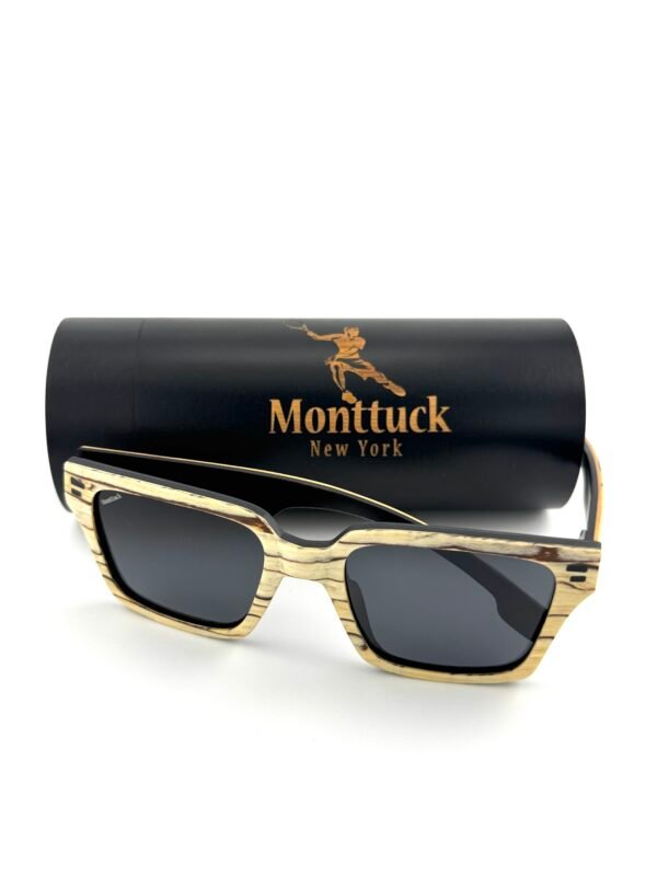 Zebra Sands - Zebrawood Sunglasses - Monttuck Handcrafted zebrawood square sunglasses with polarized UV400 lenses and carbon fiber temples, Zebra Sands by Monttuck