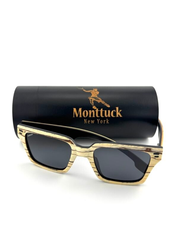 Handcrafted zebrawood square sunglasses with polarized UV400 lenses and carbon fiber temples, Zebra Sands by Monttuck